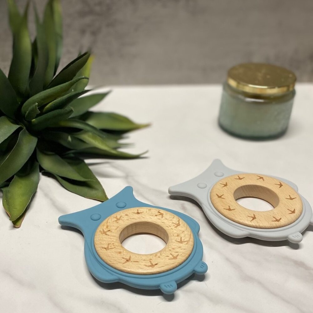 Woodland Owl Baby Teether Toys Set of 2, Gray, Blue, Sensory Baby Toy, Woodland
